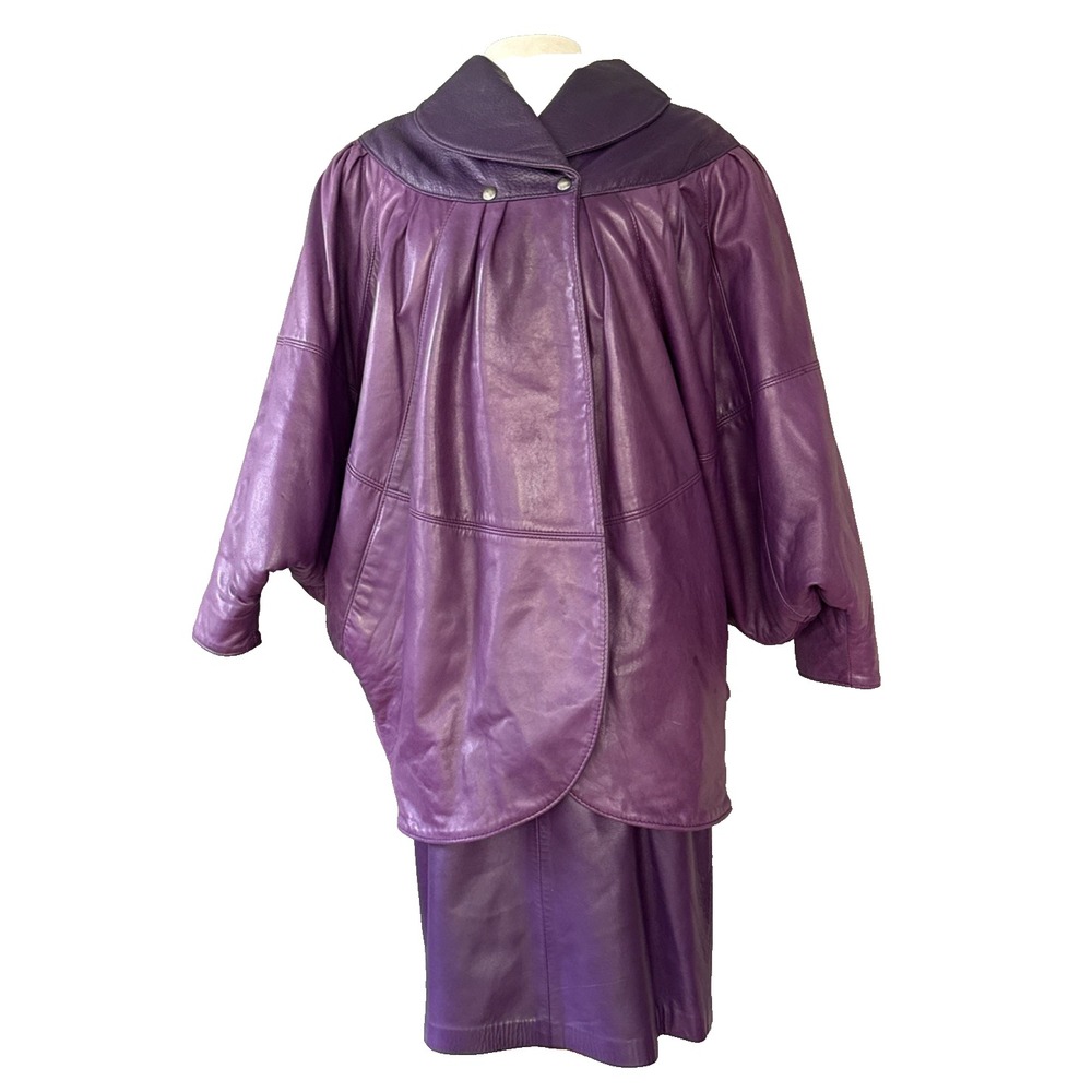 Sz 10 Vtg Crown Design Two-Tone Purple Plum Leather Bat Wing Jacket & Skirt Set